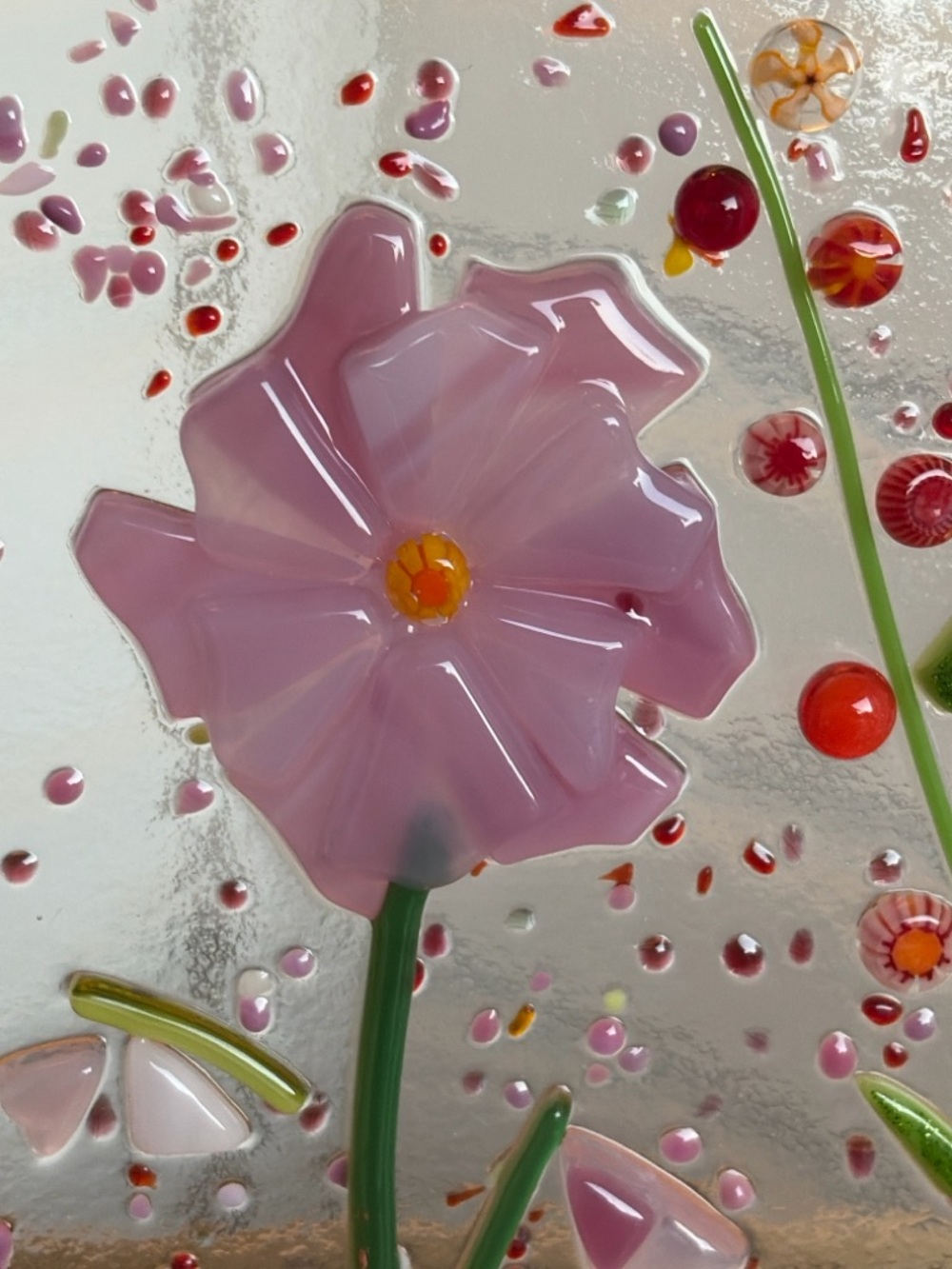 Artisan Fused Art Glass Floral Panel Pink Flower Garden Sculpture w/ Wood Stand - Picture 2 of 4